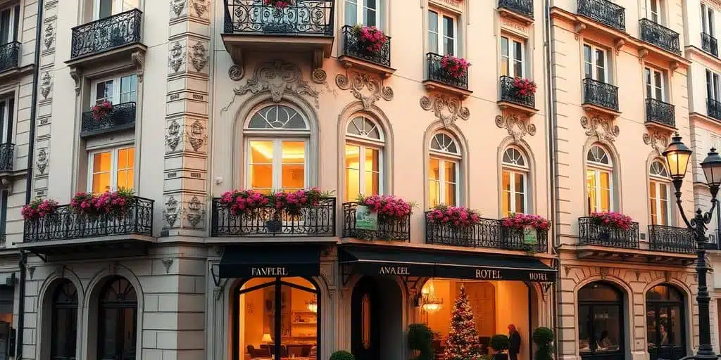 Elegant Parisian hotel facade with intricate architectural details.