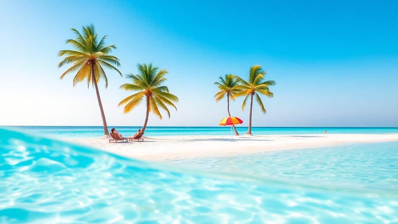 Affordable all-inclusive beach holiday with palm trees and loungers.