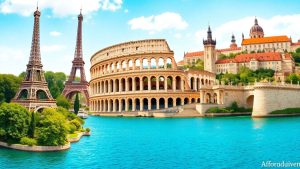 European landmarks collage with budget travel theme.