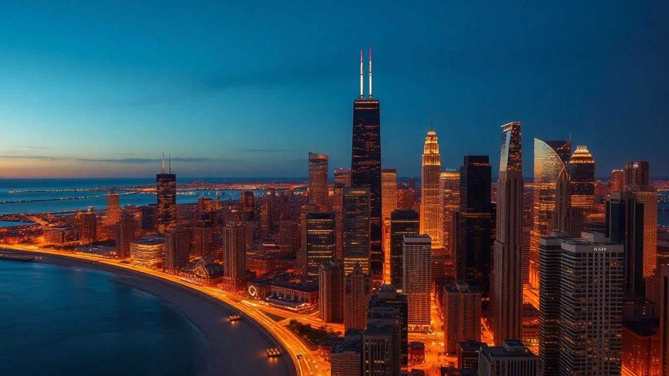 Chicago skyline at dusk with illuminated skyscrapers.