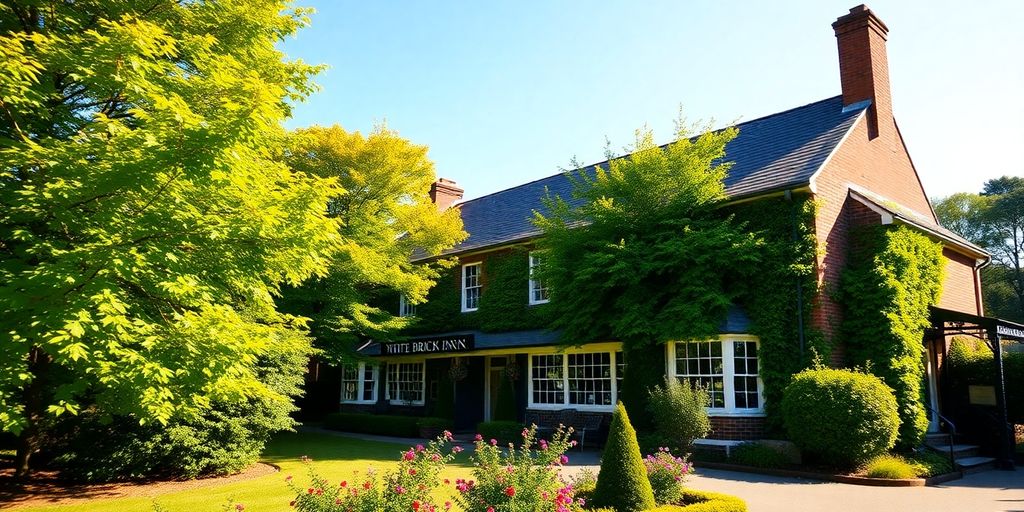 Charming inn with a brick facade amidst lush greenery.