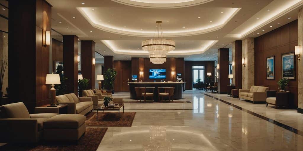 Hotel lobby showcasing amenities and services for guests.