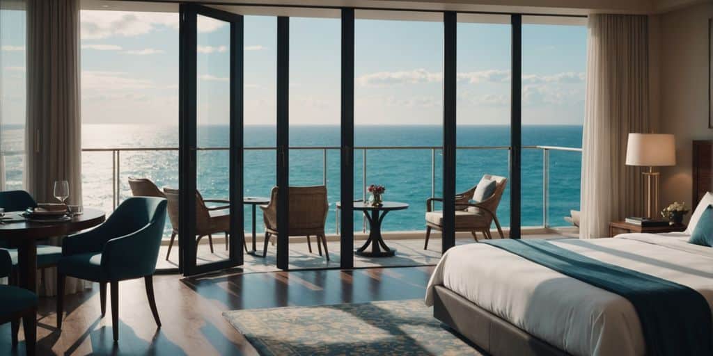 Hotel room with ocean view balcony and modern amenities.