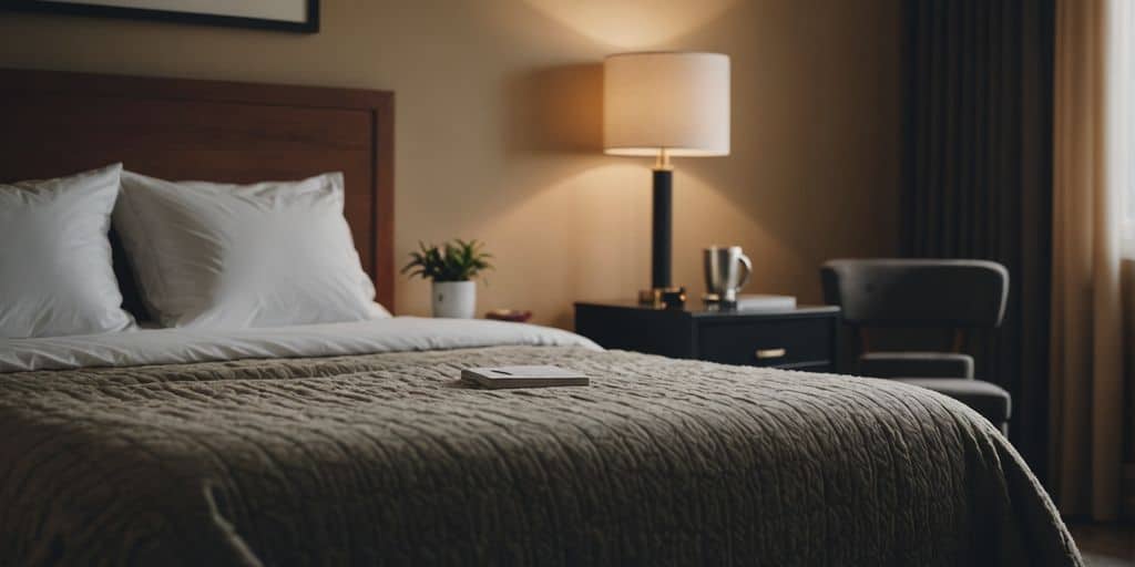 Comfortable hotel room with bed, nightstand, and soft lighting.