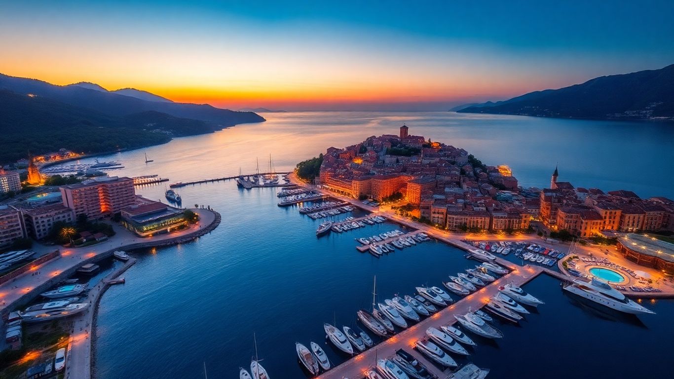 Luxury hotels and marina in Budva, Montenegro at sunset.
