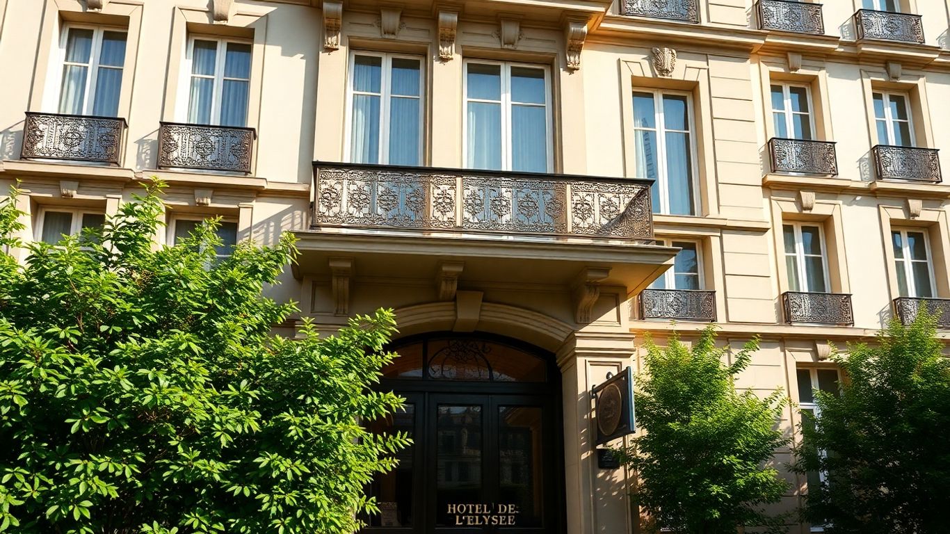 Elegant Parisian hotel facade with balconies and greenery.
