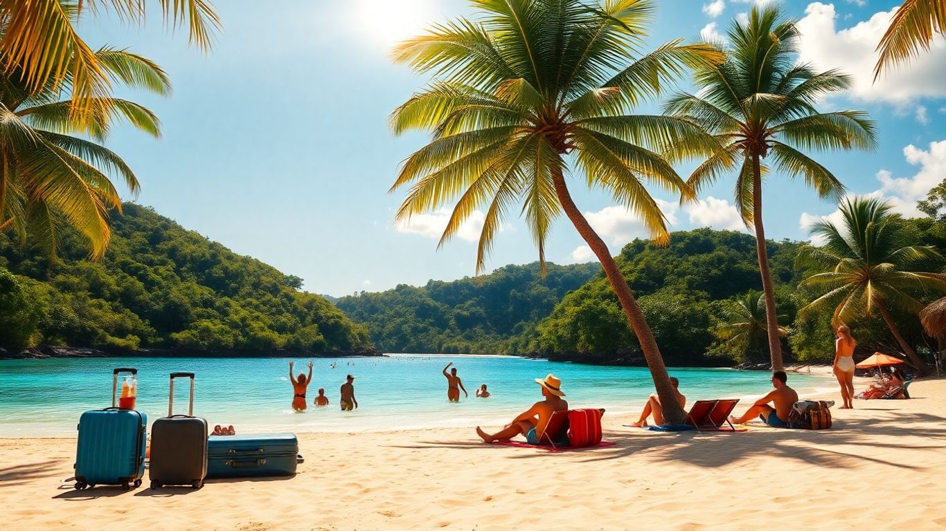 Beach holiday scene with sun, sand and palm trees