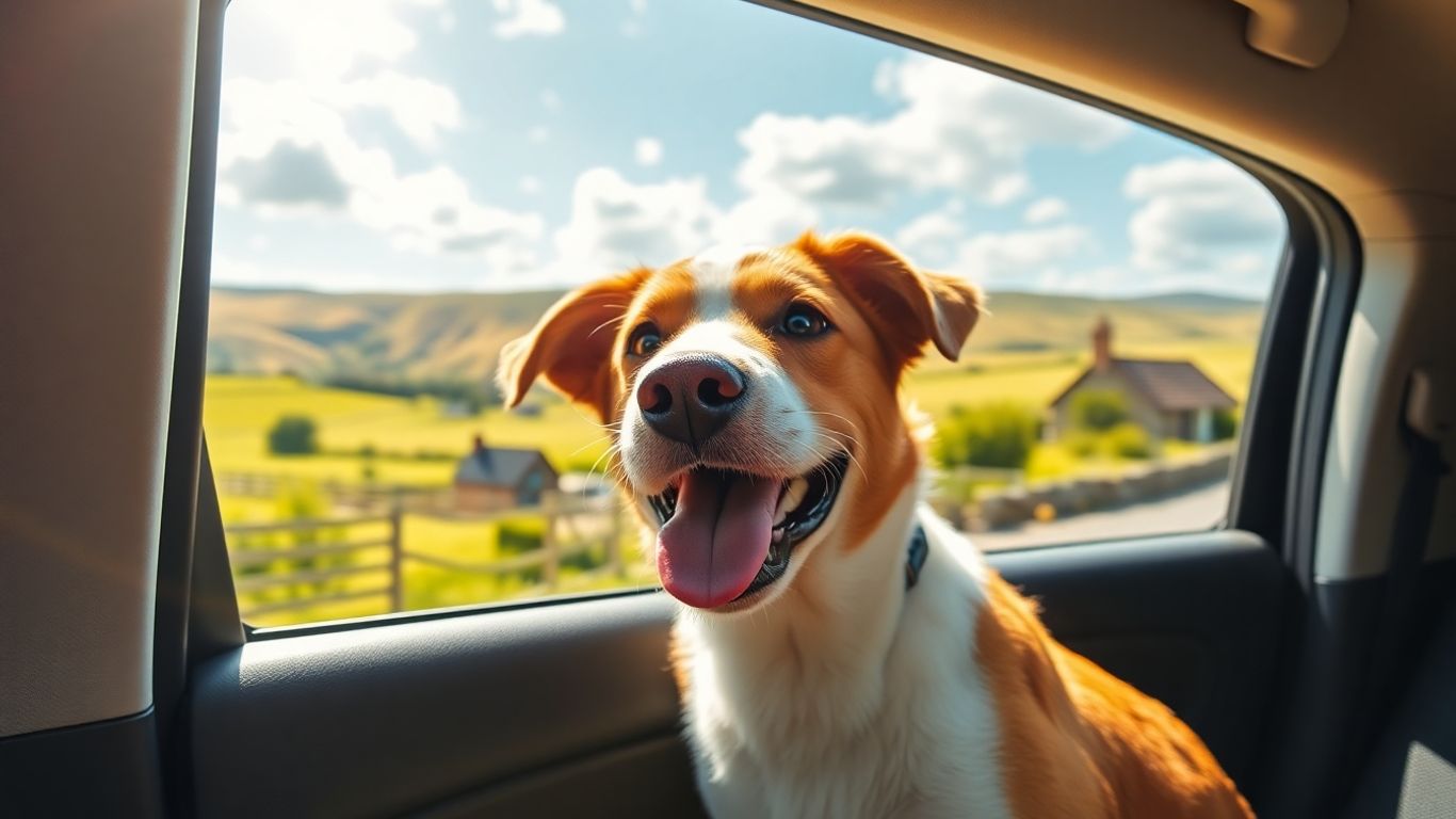 Dog enjoying a scenic UK countryside holiday drive.