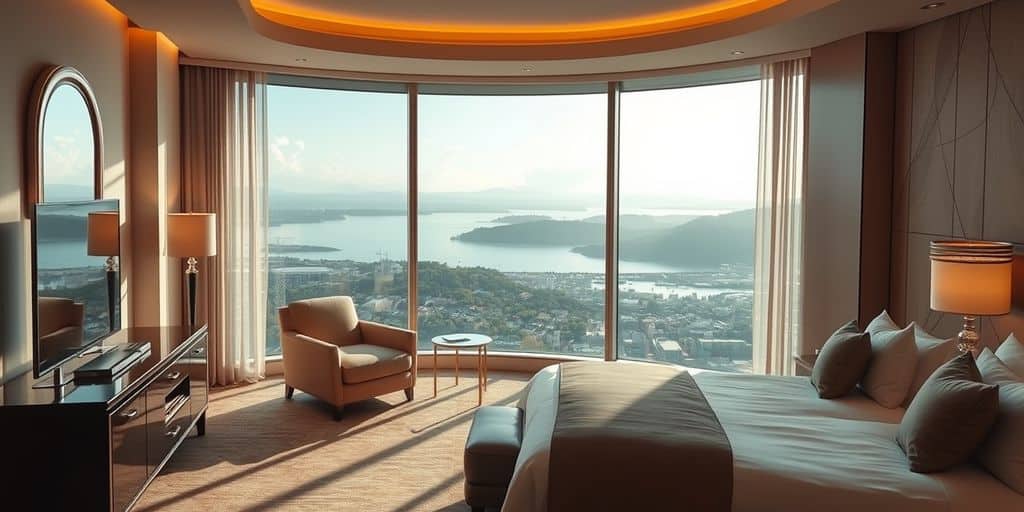 Luxurious hotel room with elegant furnishings and stunning view.