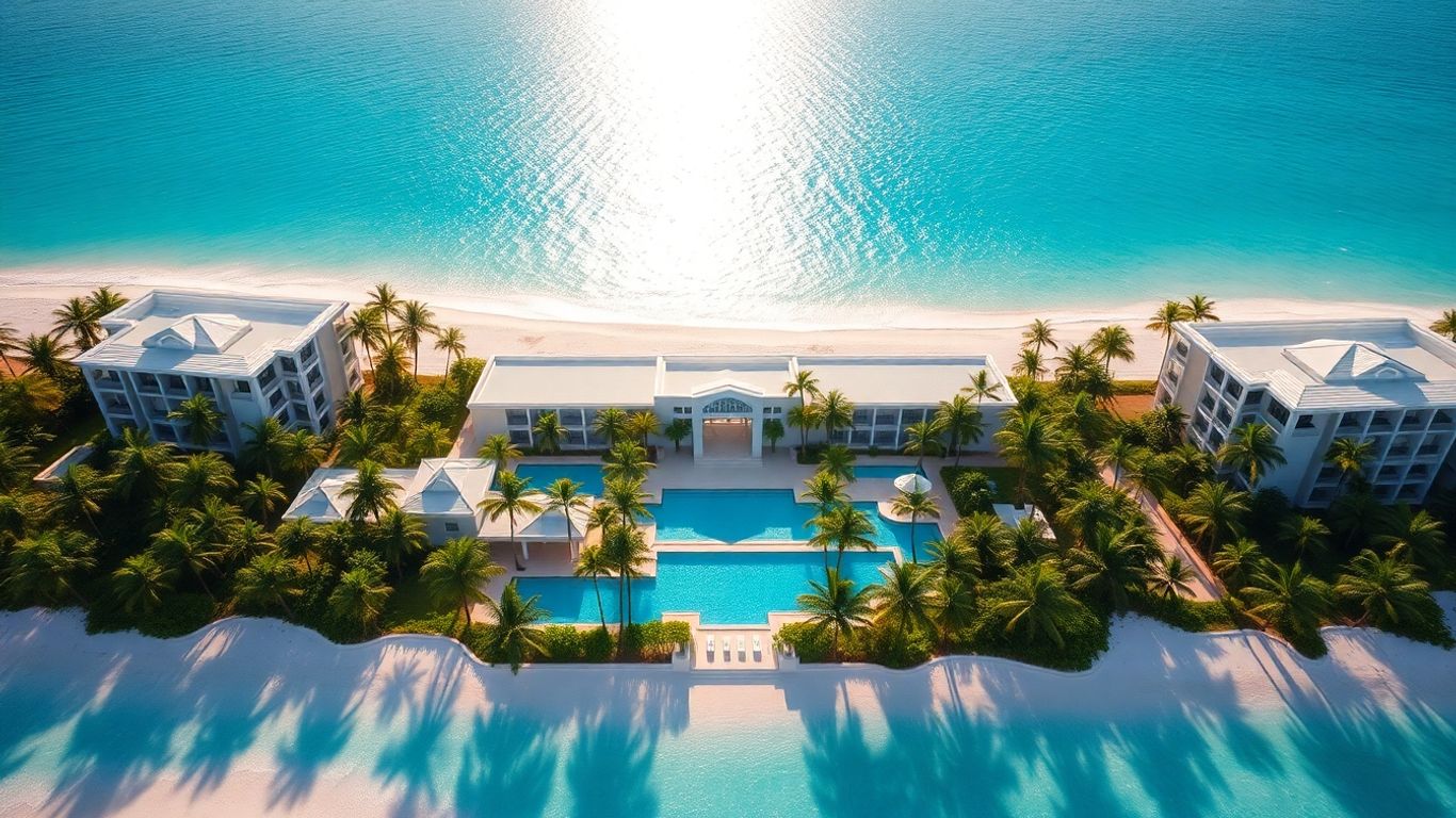 Luxury beachfront hotel with turquoise waters and palm trees.