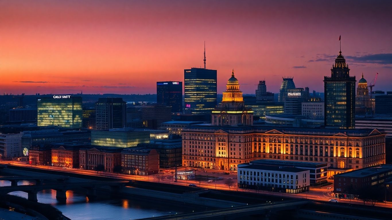 Manchester skyline with luxury five-star hotels illuminated at dusk.