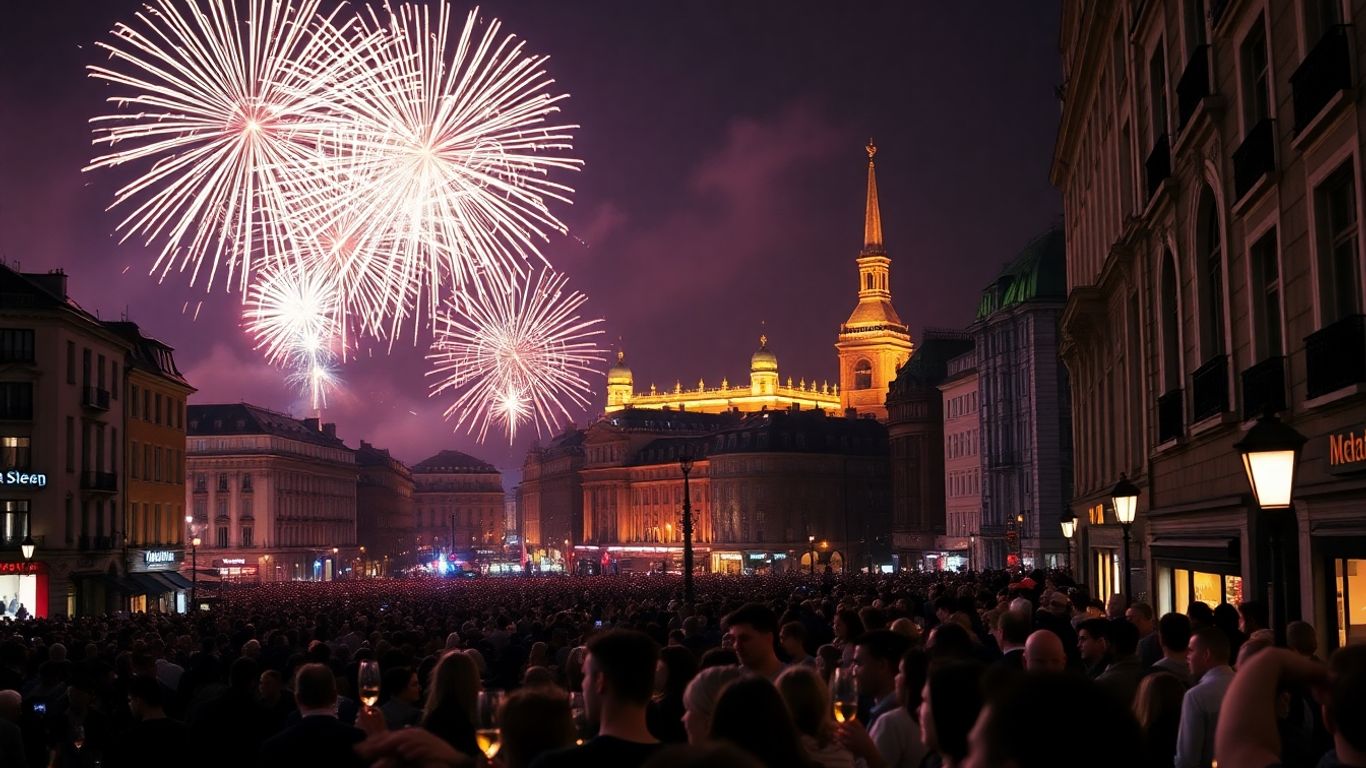 Fireworks over a European city on New Year's Eve.
