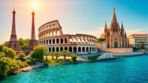 Iconic European landmarks under a sunny sky.