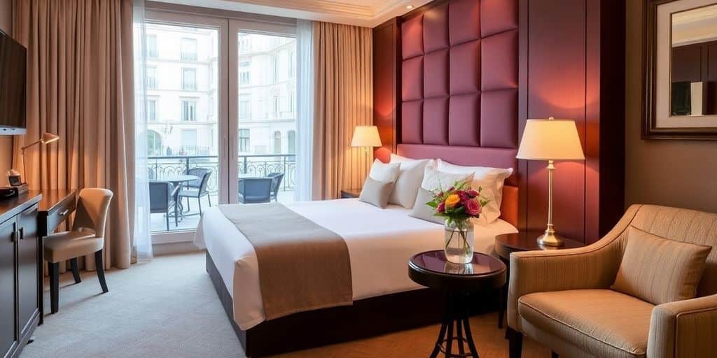 Cozy hotel room with elegant decor in Paris.