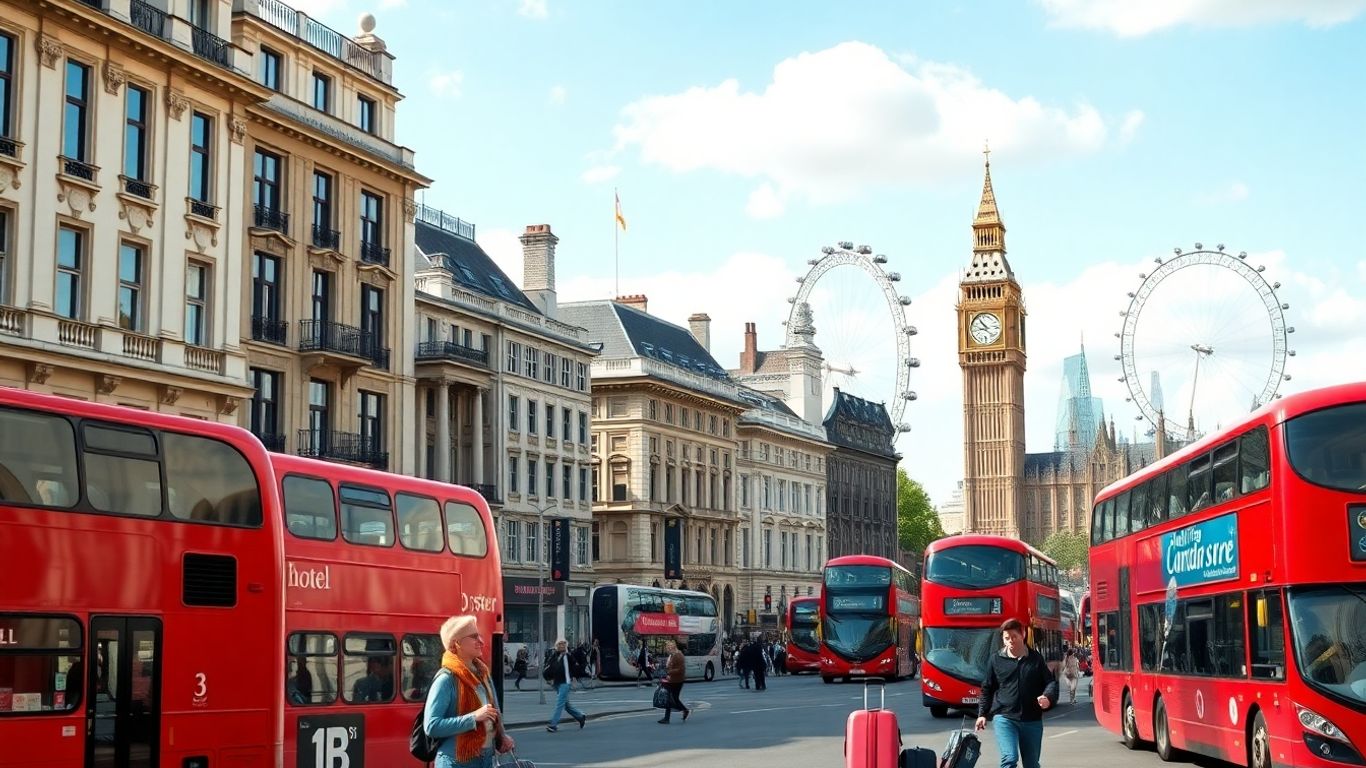 Typical 3-star London hotel with travellers and city landmarks
