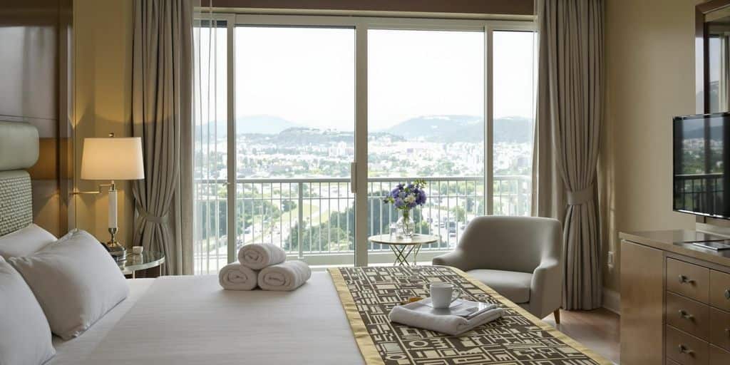 Elegant hotel room with a view for last-minute booking.