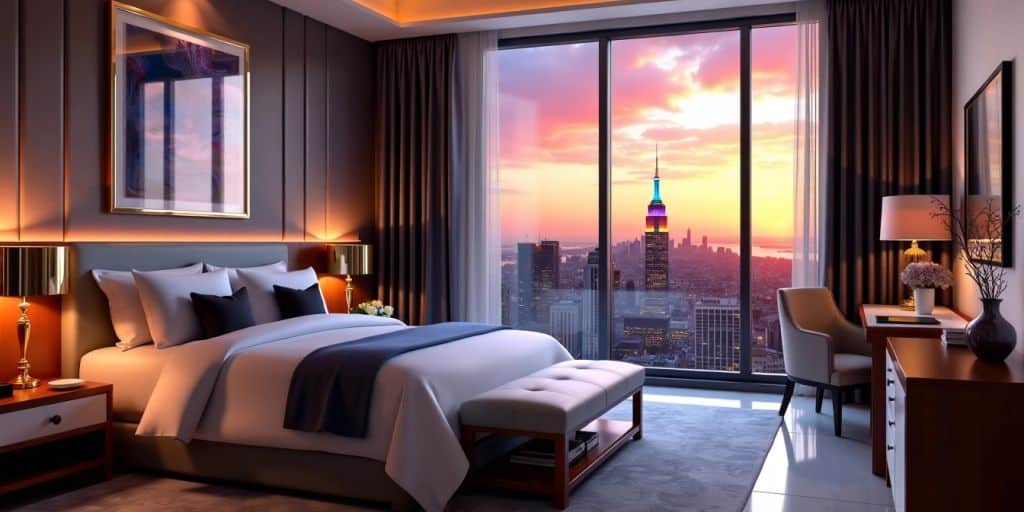 Luxurious hotel room with city skyline view at sunset.