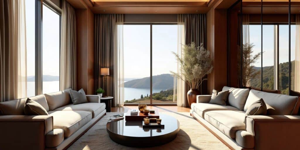 Luxurious hotel room with plush furnishings and scenic view.