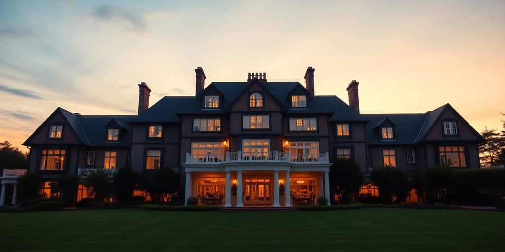 Manor hotel exterior at sunset.