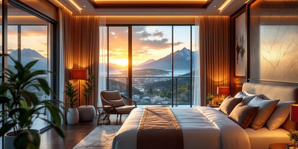 Luxurious hotel room with plush bed and elegant decor.