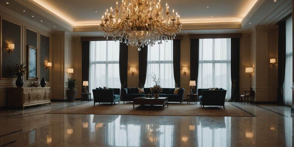 Opulent hotel lobby featuring a grand chandelier and plush seating.