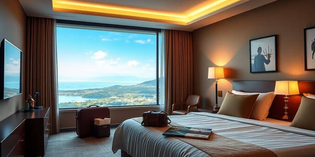 Luxury hotel room with scenic views and travel items.
