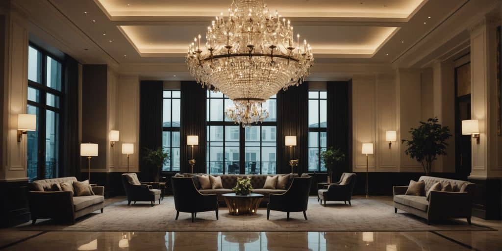 Luxurious hotel lobby with chandelier and seating area