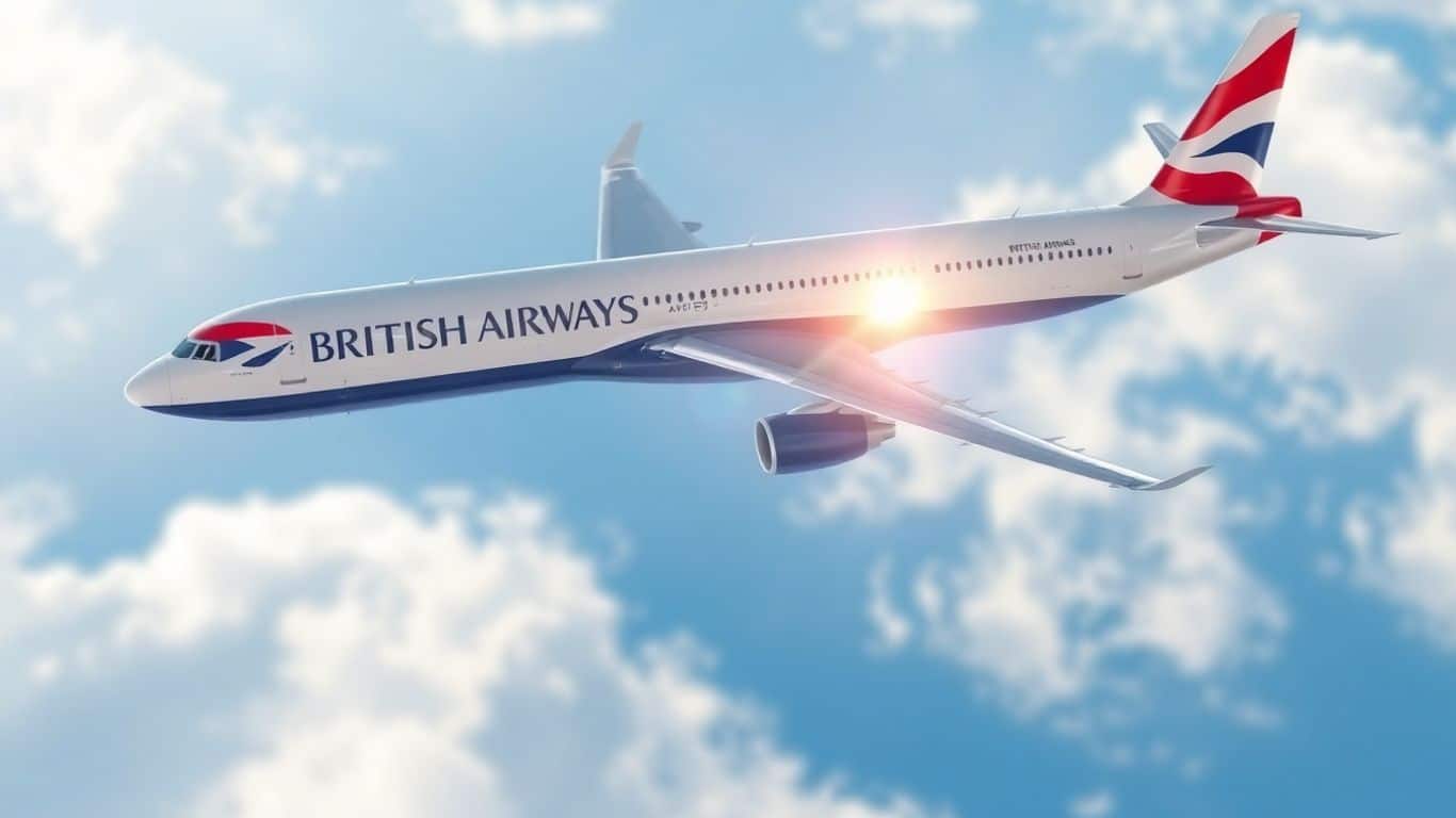 British Airways plane flying in blue sky
