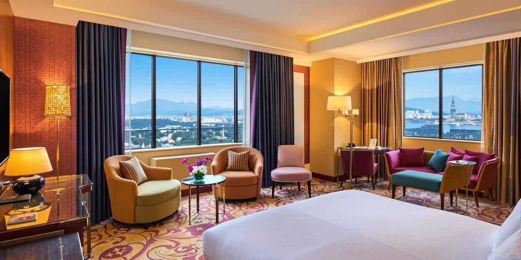 Luxurious hotel room with elegant decor and stunning views.
