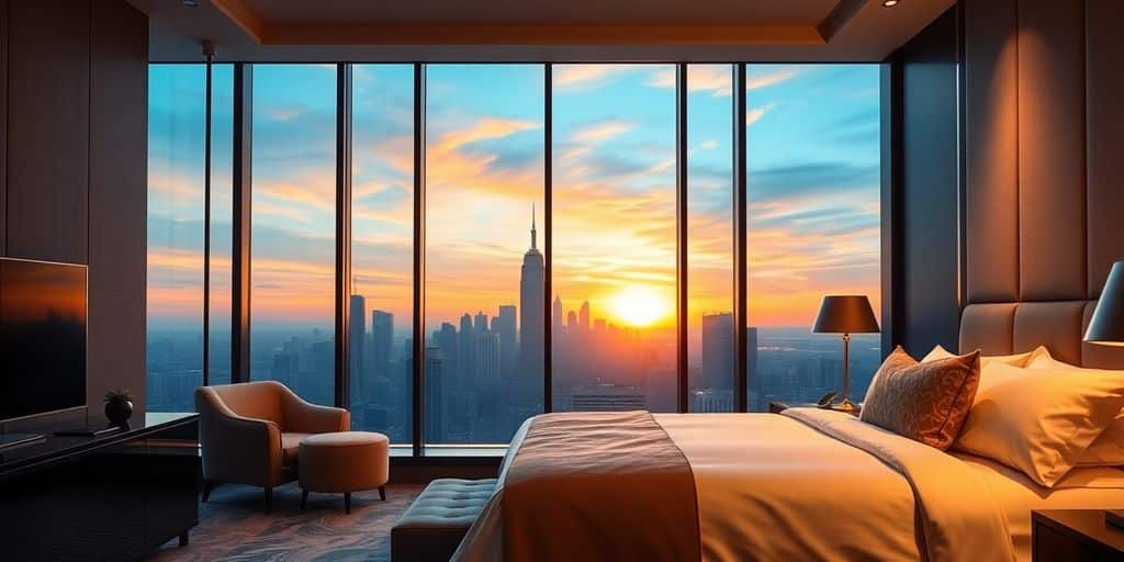 Luxurious hotel room with city skyline view at sunset.