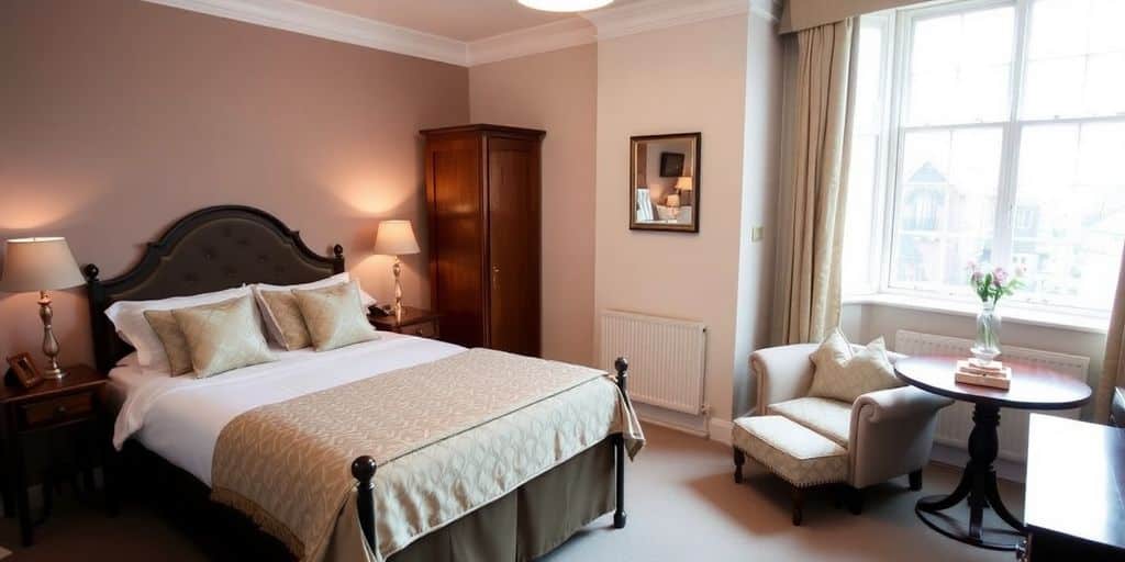 Inviting guest room with elegant decor and warm lighting.