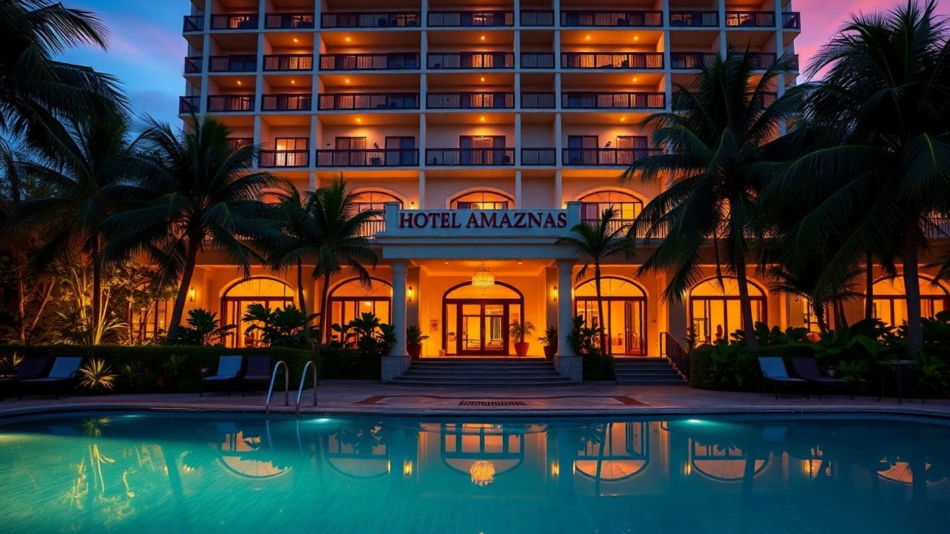 Hotel Amazonas Mexico facade with pool and sunset.