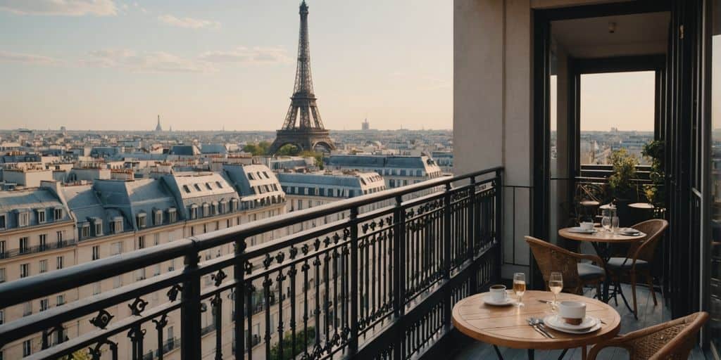 Luxurious Paris hotel balcony with Eiffel Tower view