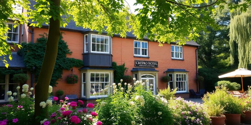 Charming facade of the Croft Hotel in lush gardens.