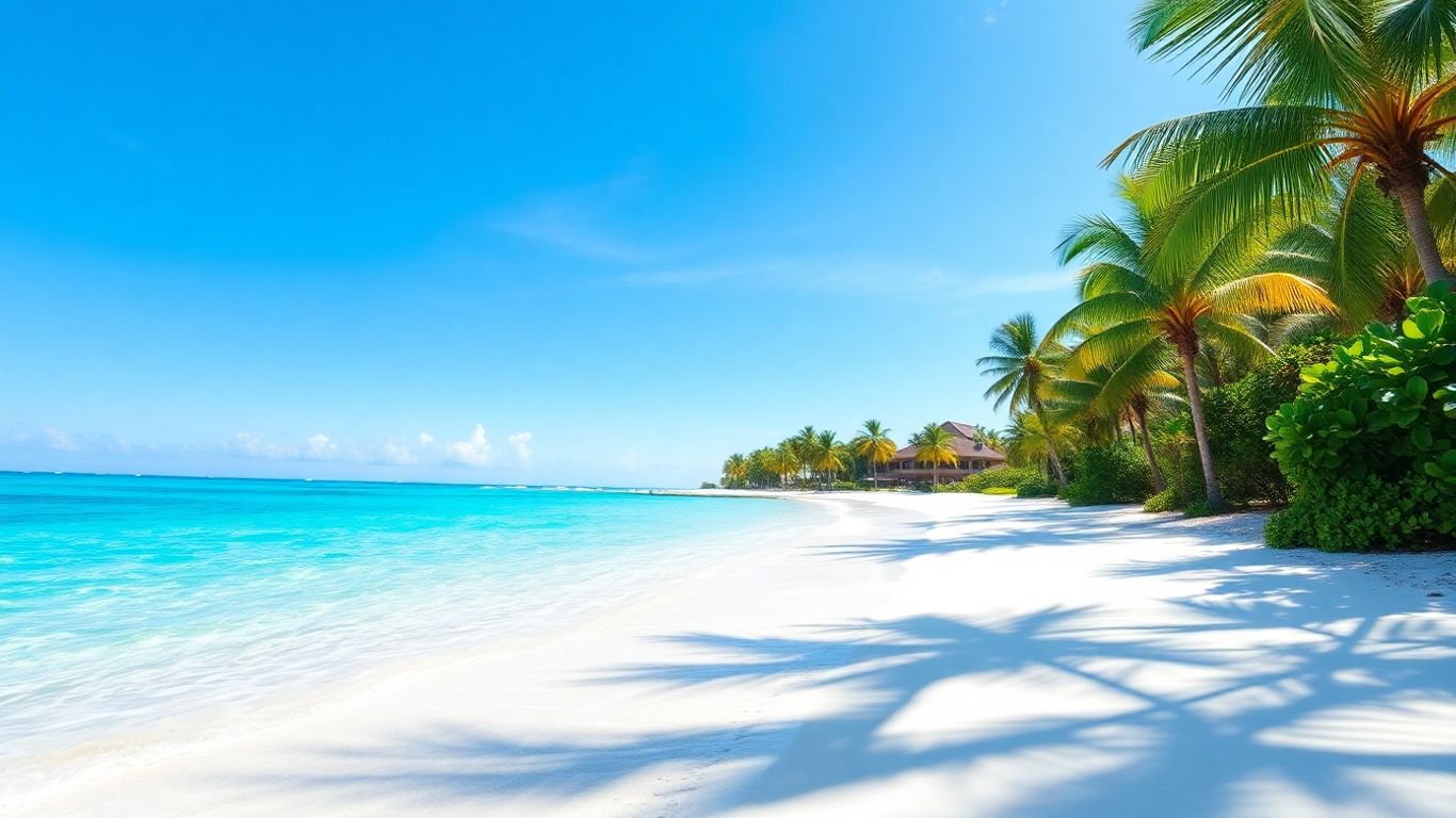 Caribbean beach with turquoise water and palm trees.