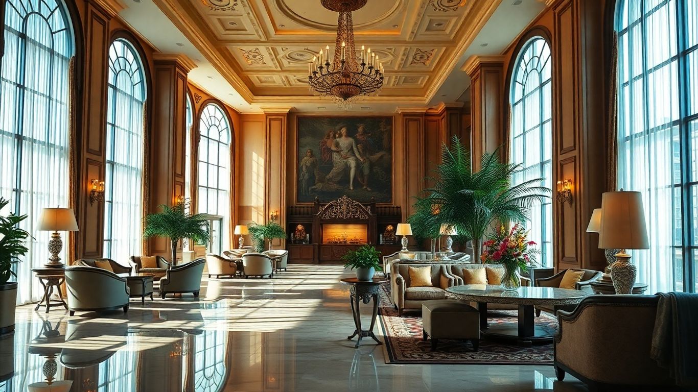 Opulent hotel lobby with sunlight and floral arrangements.