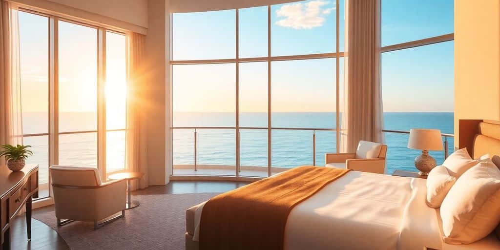 Luxurious hotel room with ocean view and sunset.