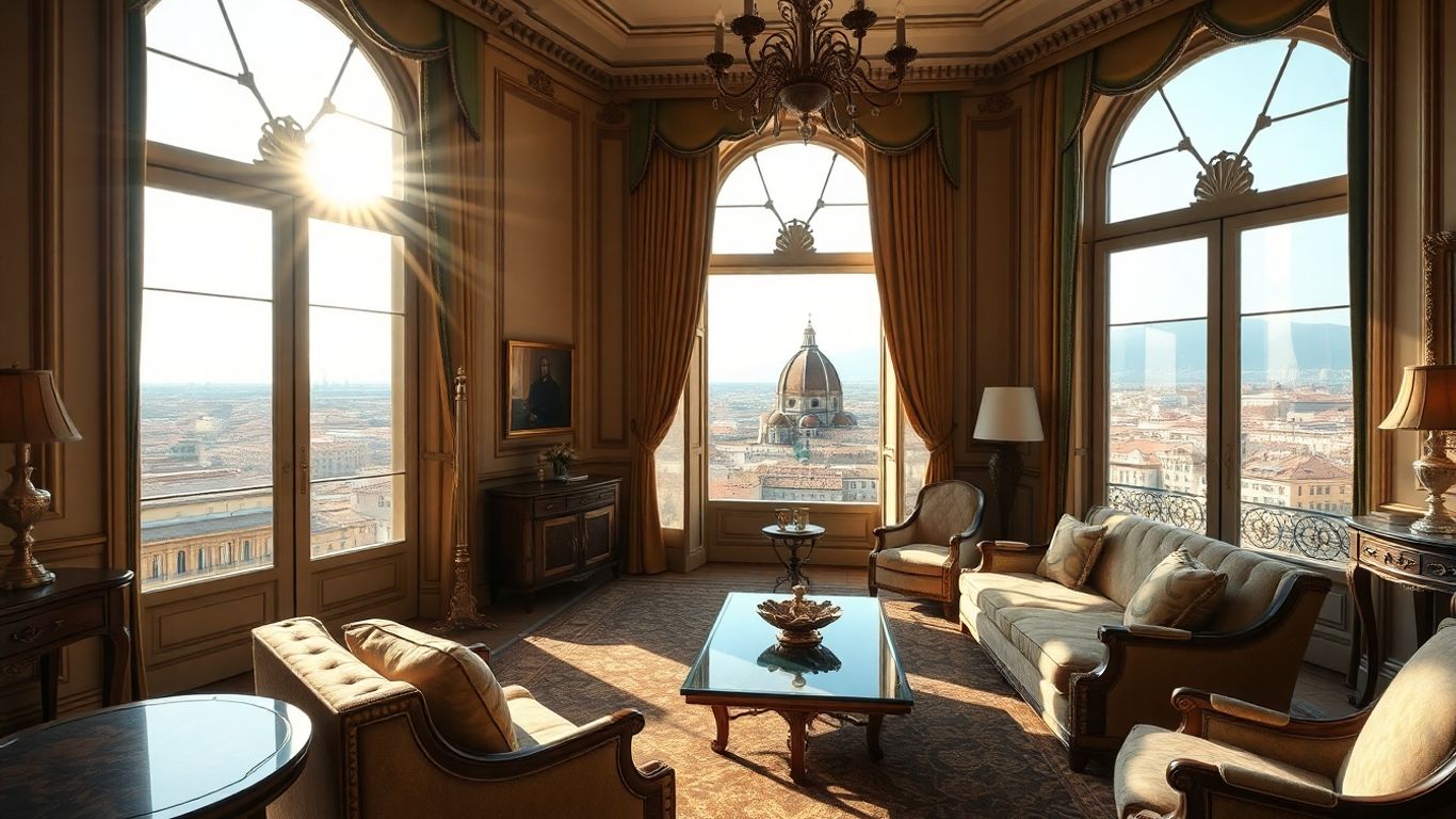 Luxurious 5-star hotel suite with Florence cityscape view.