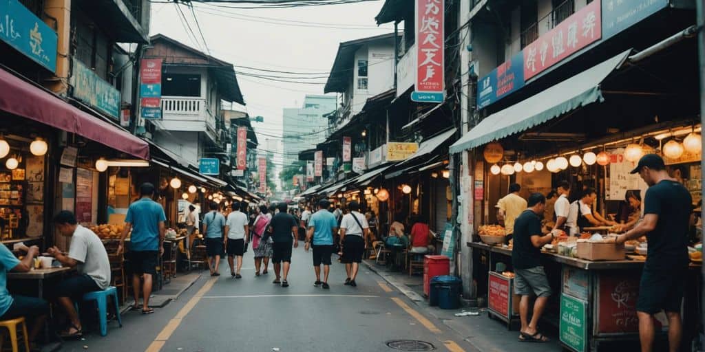 Tourists exploring a vibrant street in Thailand with budget hotels and street food vendors.