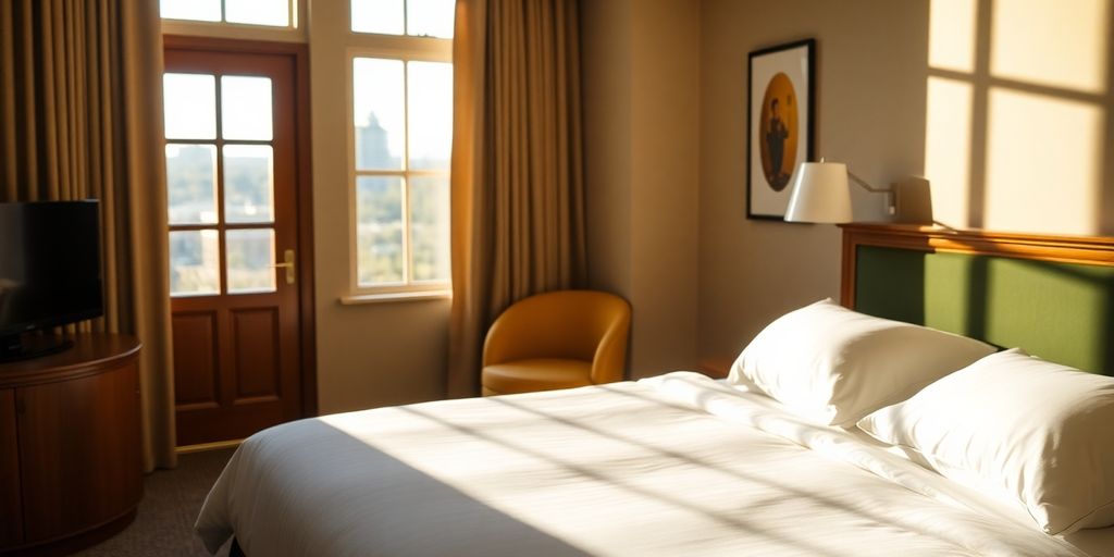 Cozy hotel room with a comfortable bed.