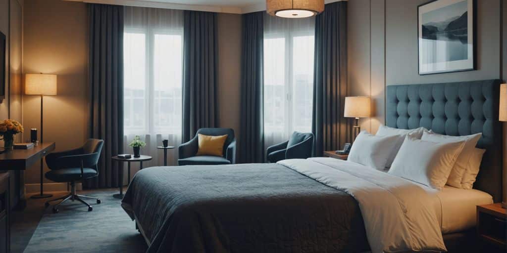 Affordable hotel room with modern amenities and cozy bedding.