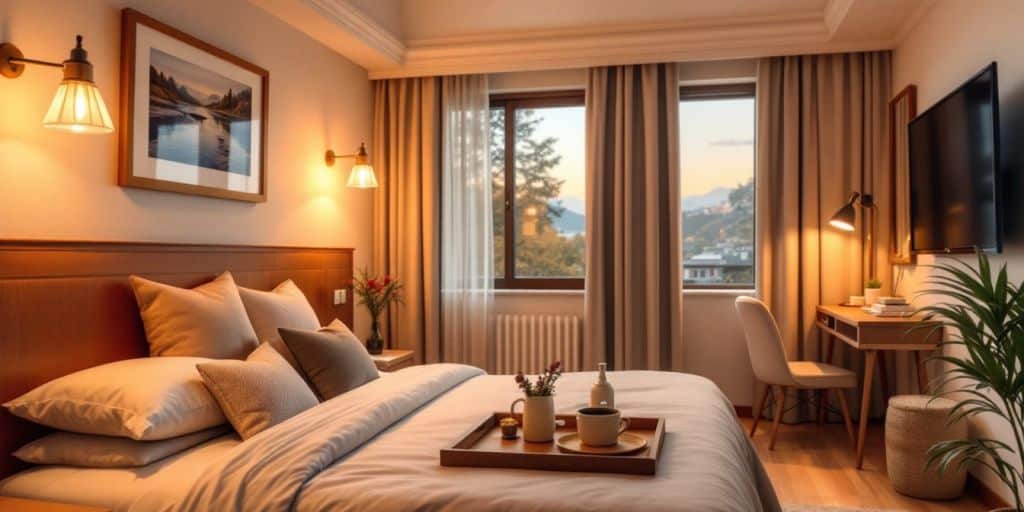 Cozy hotel room with warm lighting and scenic view.
