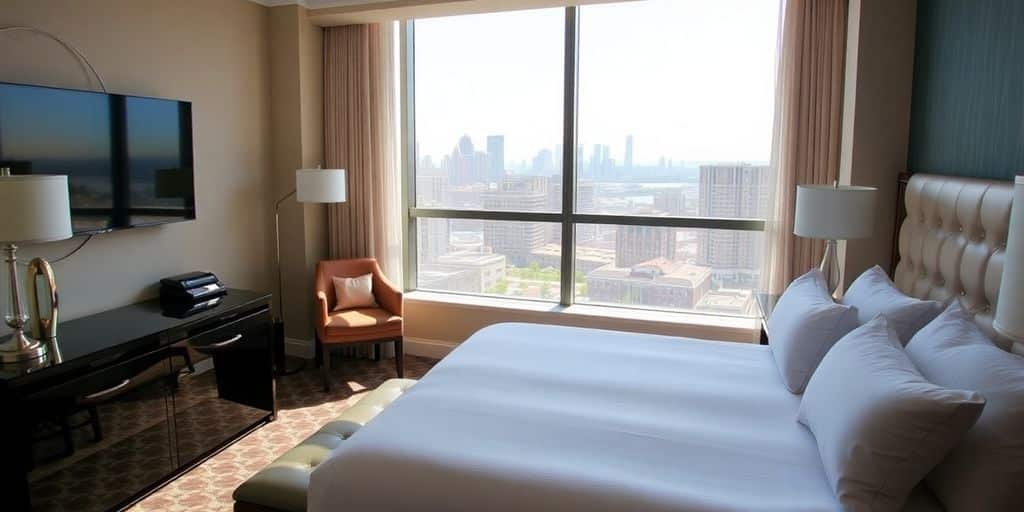 A stylish hotel room with a city view in Hawthorne.