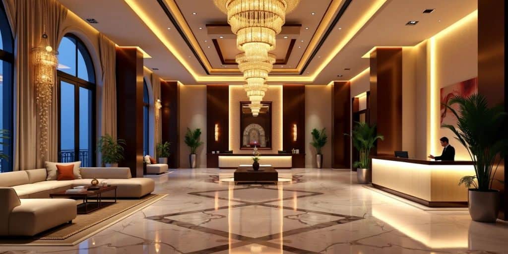 Luxurious hotel lobby with chandeliers and plush seating.