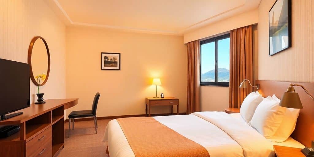 Cozy affordable hotel room with warm lighting and decor.