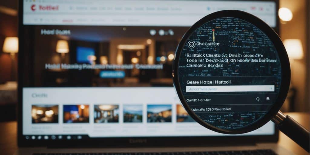 Magnifying glass examining hotel reviews on a screen.