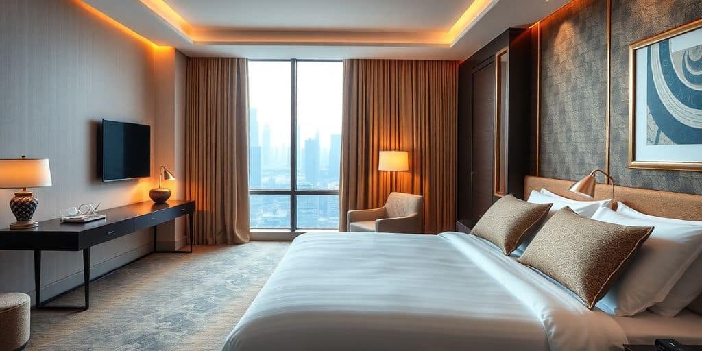 Luxurious hotel room with elegant furnishings and city view.