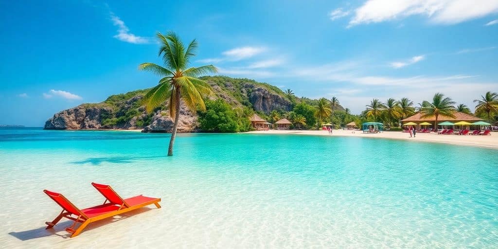 A beautiful beach with sun loungers and palm trees.