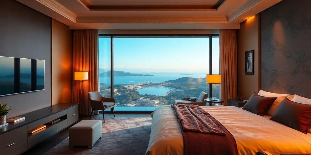 Luxurious hotel room with elegant furnishings and stunning views.