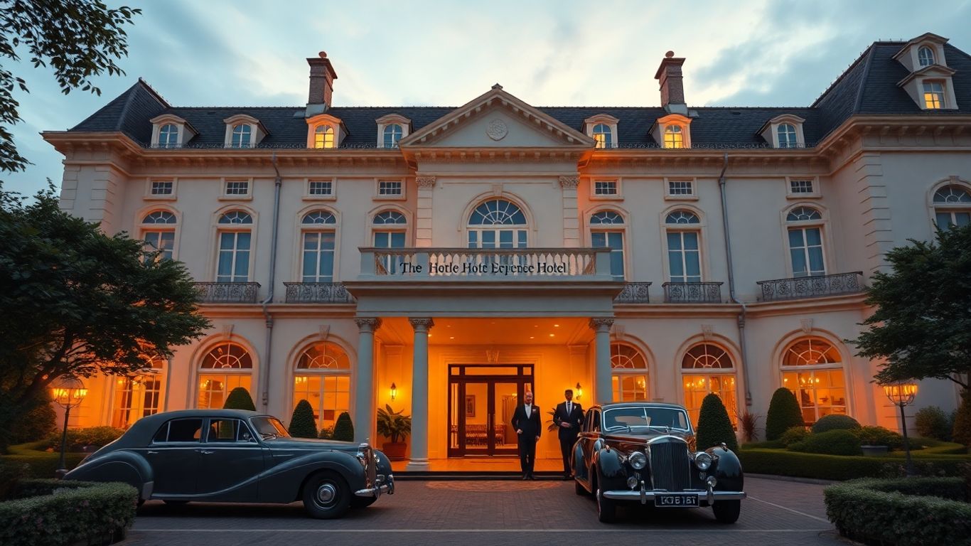 Elegant five-star hotel exterior at dusk in Chichester